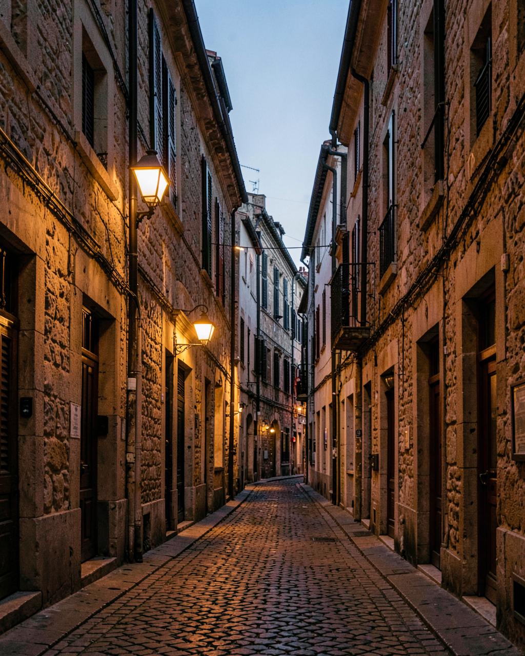 Narrow cobblestone city street lit by street lamps at dusk
